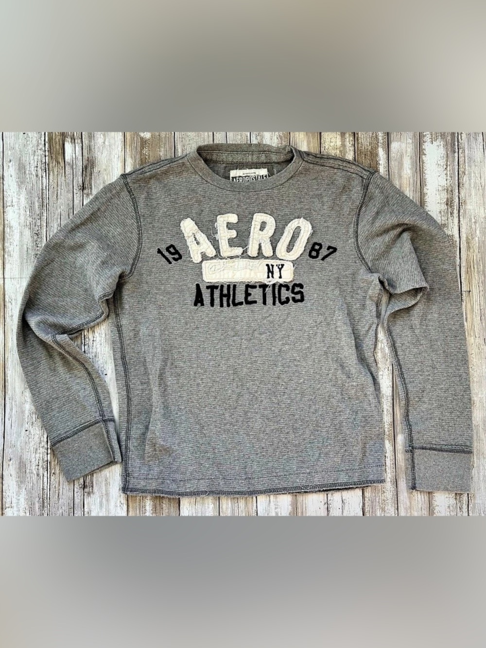 Aeropostale 1987 NY Athletics Waffle Knit Long Sleeve Shirt Gray Long Sleeve